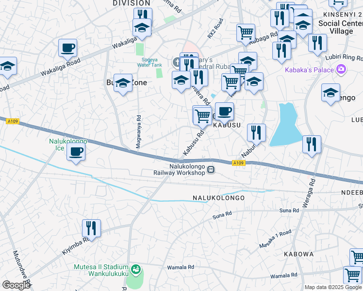 map of restaurants, bars, coffee shops, grocery stores, and more near Kabusu Road in Kampala