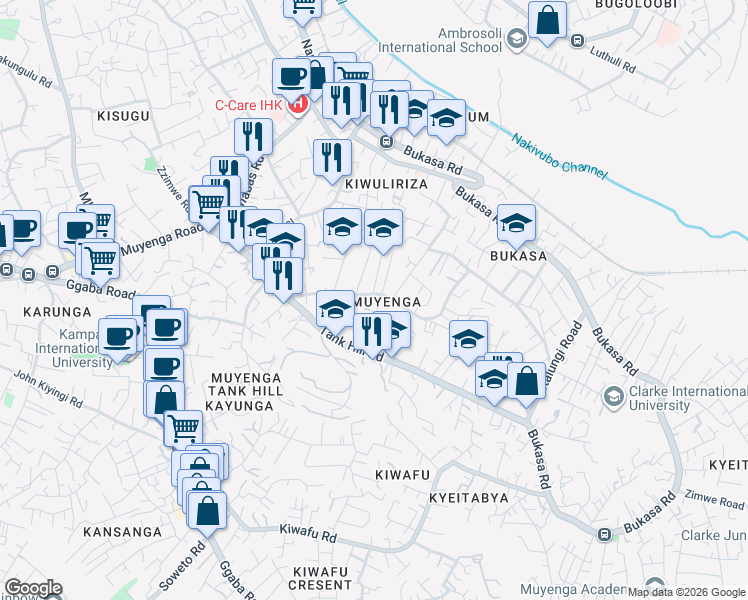map of restaurants, bars, coffee shops, grocery stores, and more near 47c Kironde Road in Kampala