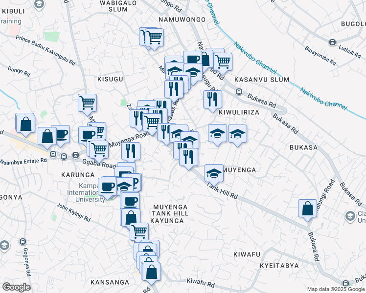 map of restaurants, bars, coffee shops, grocery stores, and more near Busabala Close in Kampala