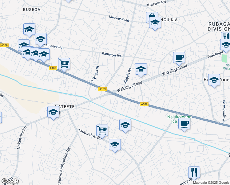 map of restaurants, bars, coffee shops, grocery stores, and more near Wakaliga Road in Kampala