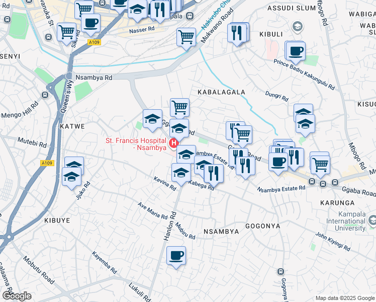 map of restaurants, bars, coffee shops, grocery stores, and more near Nsambya Road in Kampala