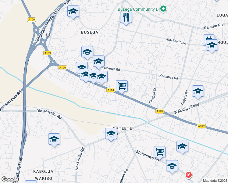 map of restaurants, bars, coffee shops, grocery stores, and more near Mityana Road in Kampala