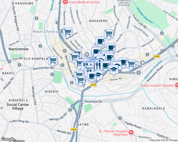 map of restaurants, bars, coffee shops, grocery stores, and more near Luwum Street in Kampala