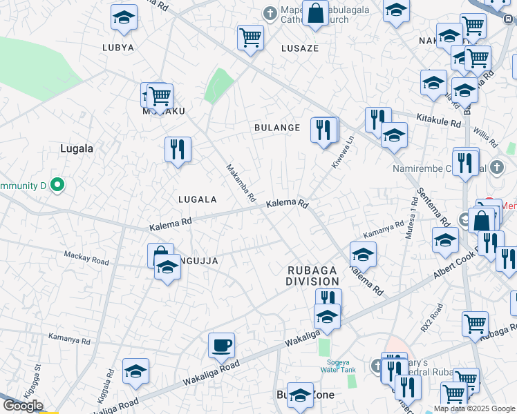 map of restaurants, bars, coffee shops, grocery stores, and more near Kalema Road in Kampala