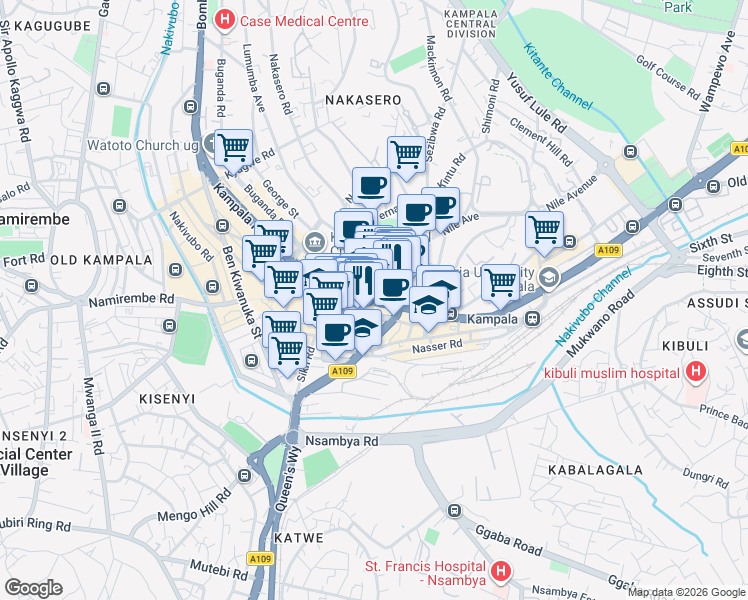 map of restaurants, bars, coffee shops, grocery stores, and more near Speke Road in Kampala