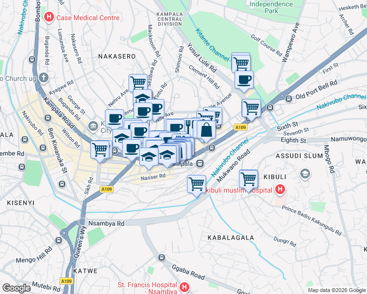 map of restaurants, bars, coffee shops, grocery stores, and more near Parliamentary Avenue in Kampala