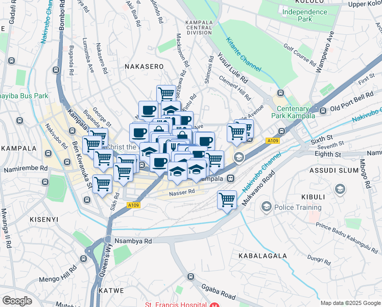 map of restaurants, bars, coffee shops, grocery stores, and more near Kimathi Avenue in Kampala