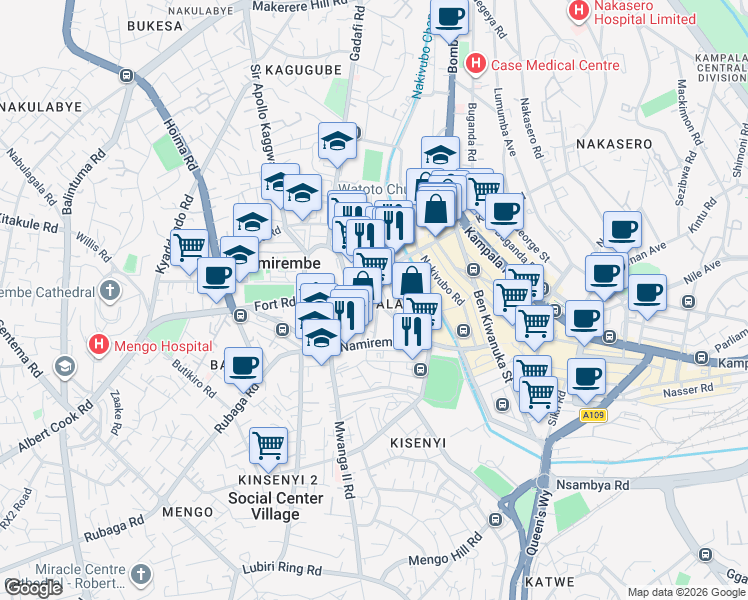 map of restaurants, bars, coffee shops, grocery stores, and more near Martin Road in Kampala