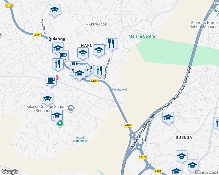 map of restaurants, bars, coffee shops, grocery stores, and more near Mityana Road in Bulenga
