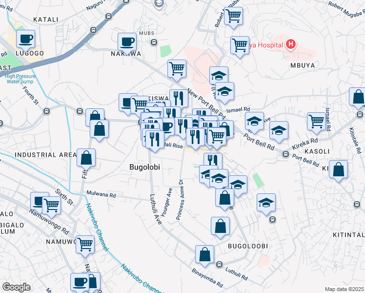 map of restaurants, bars, coffee shops, grocery stores, and more near Bandali Rise in Kampala