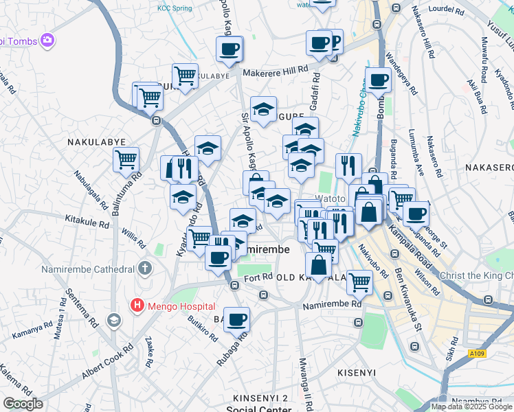map of restaurants, bars, coffee shops, grocery stores, and more near Sir Apollo Kaggwa Road in Kampala