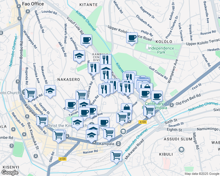map of restaurants, bars, coffee shops, grocery stores, and more near Hannington Road in Kampala