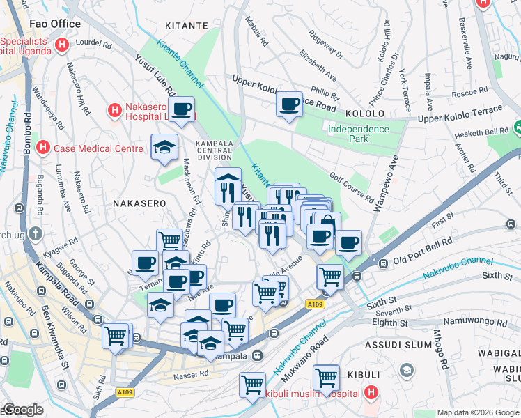 map of restaurants, bars, coffee shops, grocery stores, and more near Yusuf Lule Road in Kampala