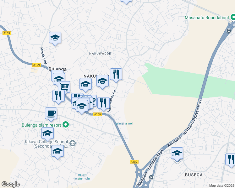 map of restaurants, bars, coffee shops, grocery stores, and more near Nakulabye church Road in Kampala