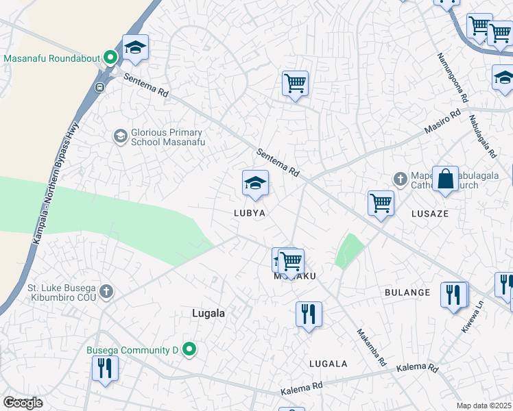 map of restaurants, bars, coffee shops, grocery stores, and more near Sentema Road in Kampala