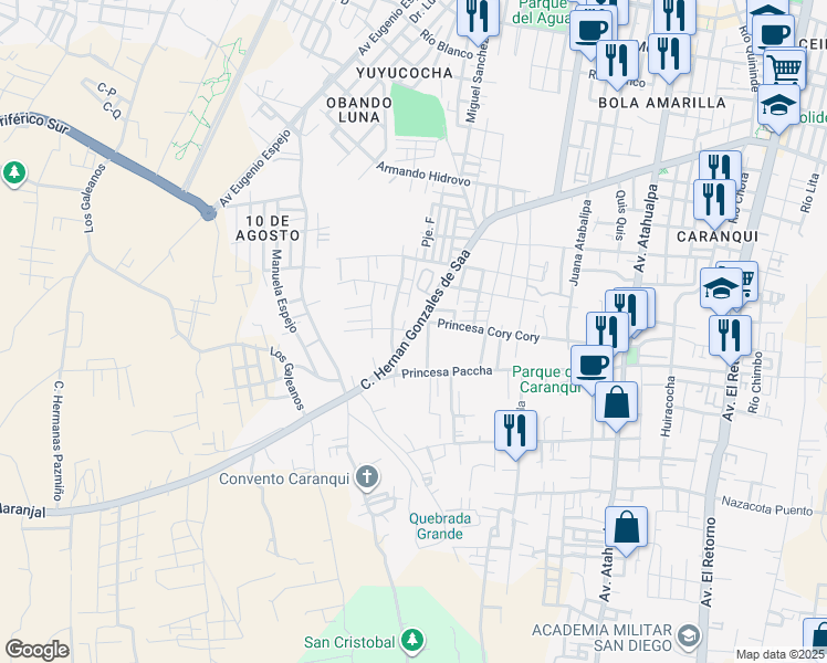 map of restaurants, bars, coffee shops, grocery stores, and more near Calle Hernan Gonzales de Saa in Ibarra