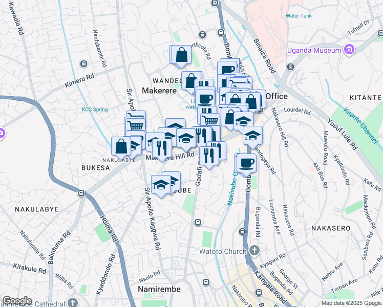 map of restaurants, bars, coffee shops, grocery stores, and more near Makerere Hill Road in Kampala