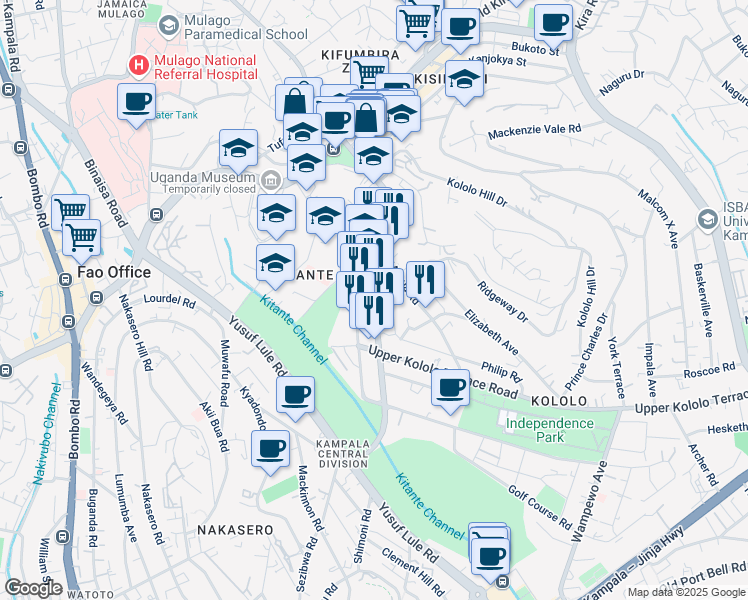 map of restaurants, bars, coffee shops, grocery stores, and more near John Babiha (Acacia) Avenue in Kampala
