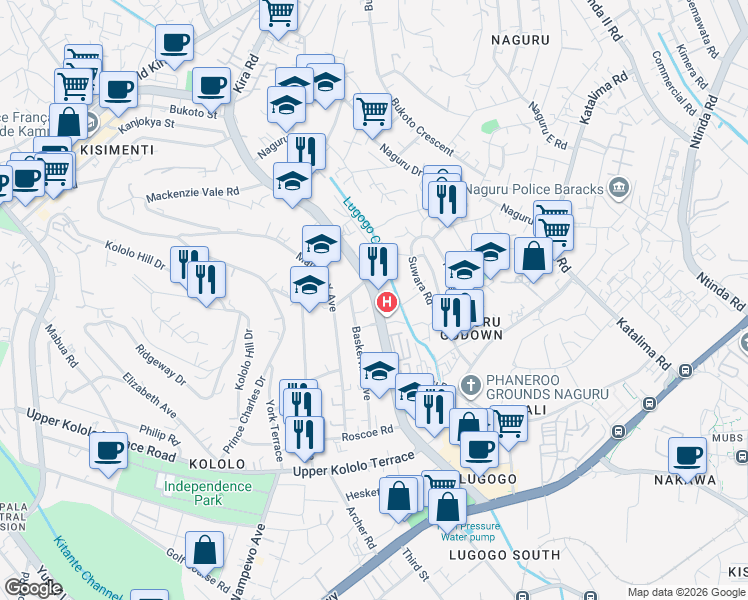 map of restaurants, bars, coffee shops, grocery stores, and more near Lugogo By-Pass in Kampala