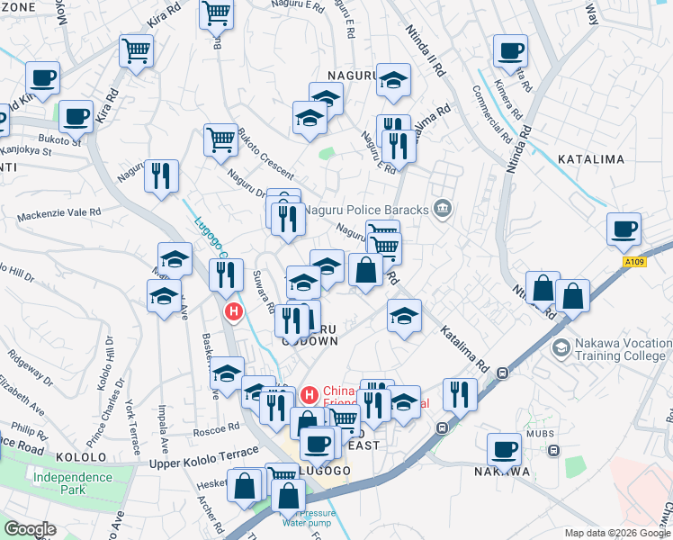 map of restaurants, bars, coffee shops, grocery stores, and more near Balikuddembe Lane in Kampala