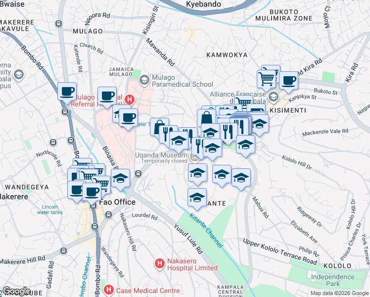 map of restaurants, bars, coffee shops, grocery stores, and more near Tufnell Drive in Kampala