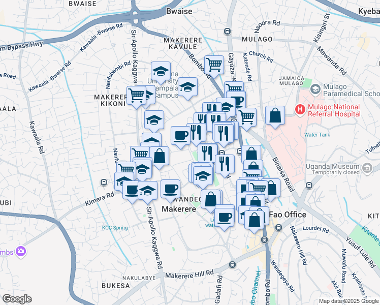 map of restaurants, bars, coffee shops, grocery stores, and more near 3 Hill Road in Kampala