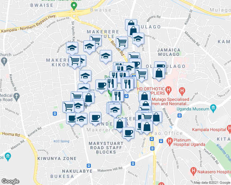 map of restaurants, bars, coffee shops, grocery stores, and more near Hill Road in Kampala
