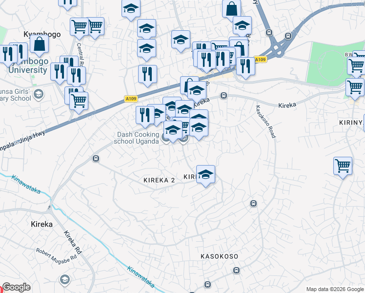 map of restaurants, bars, coffee shops, grocery stores, and more near Kabaka Road in Kampala