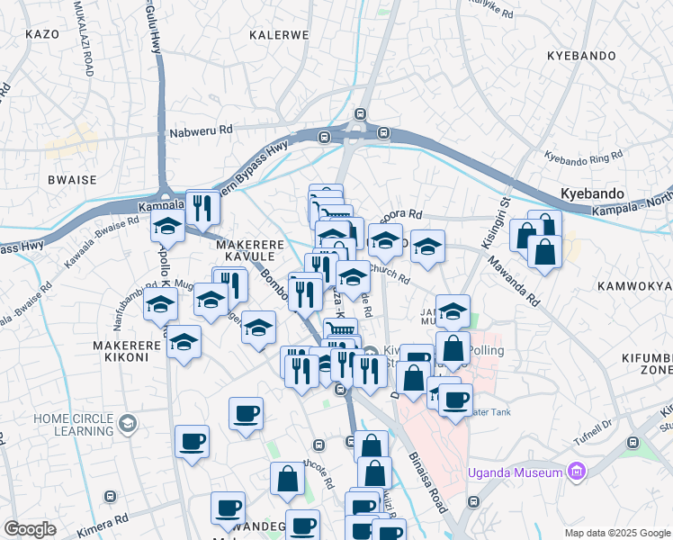 map of restaurants, bars, coffee shops, grocery stores, and more near Gayaza Road in Kampala
