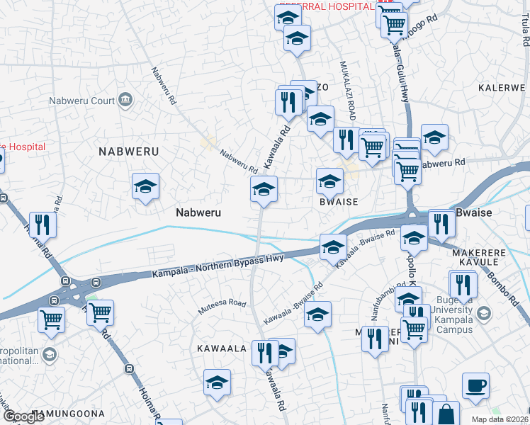 map of restaurants, bars, coffee shops, grocery stores, and more near Kawaala Road in Kampala