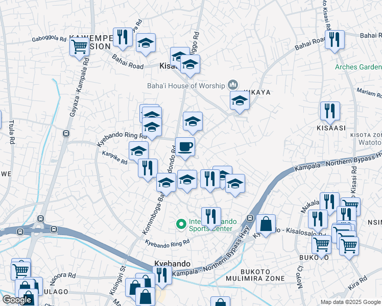 map of restaurants, bars, coffee shops, grocery stores, and more near Kyebando Ring Road in Kampala