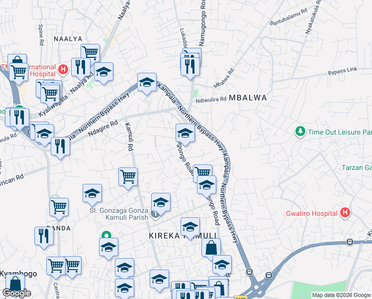 map of restaurants, bars, coffee shops, grocery stores, and more near Namugongo Road in Kampala