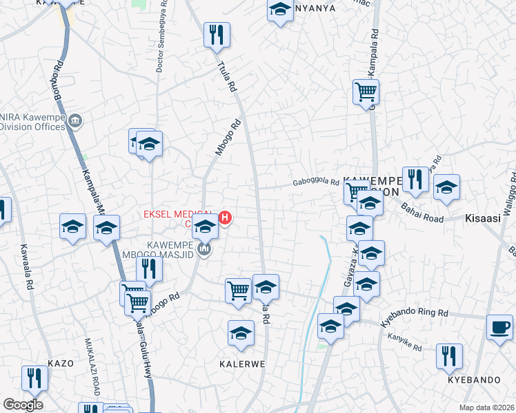map of restaurants, bars, coffee shops, grocery stores, and more near Ttula Road in Kampala