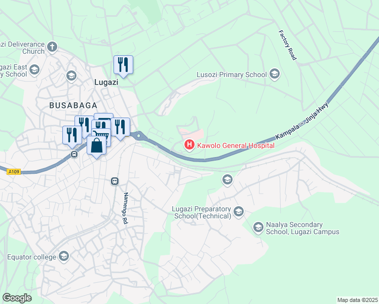 map of restaurants, bars, coffee shops, grocery stores, and more near Kampala-Jinja Road in Lugazi