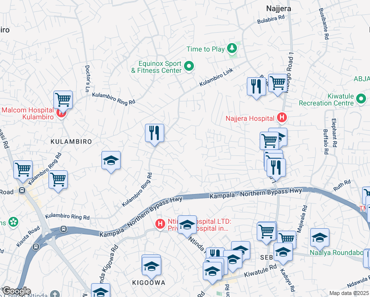 map of restaurants, bars, coffee shops, grocery stores, and more near Kulambiro Ring Road in Kampala