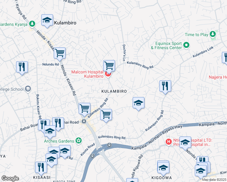 map of restaurants, bars, coffee shops, grocery stores, and more near Kulambiro Ring Road in Kampala