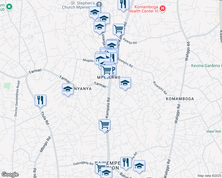 map of restaurants, bars, coffee shops, grocery stores, and more near 252b Gayaza -Kampala Road in Kampala