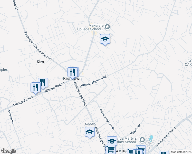 map of restaurants, bars, coffee shops, grocery stores, and more near Hope Estate Road in Kira Town