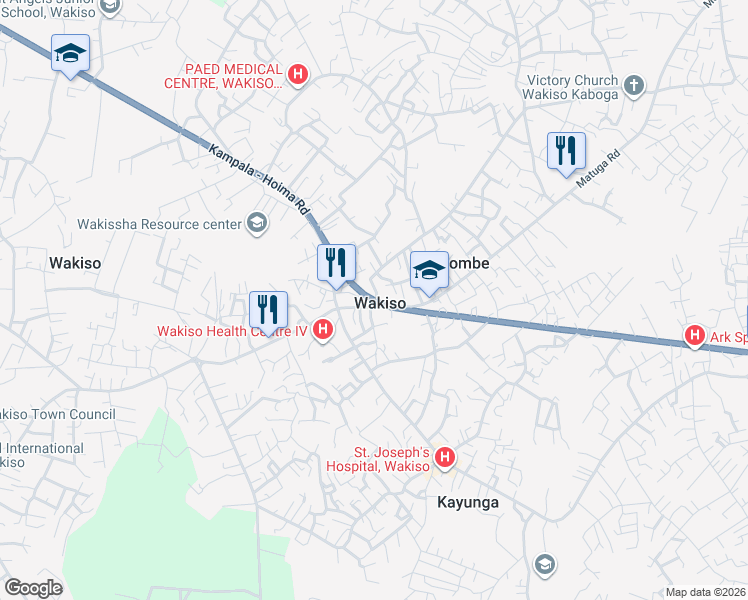 map of restaurants, bars, coffee shops, grocery stores, and more near Kampala-Hoima Road in Wakiso