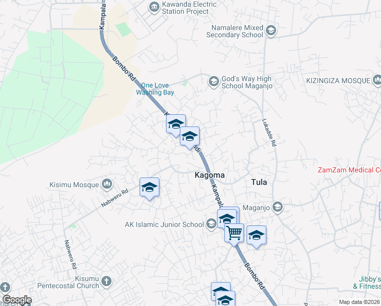 map of restaurants, bars, coffee shops, grocery stores, and more near Bombo Road in Kampala