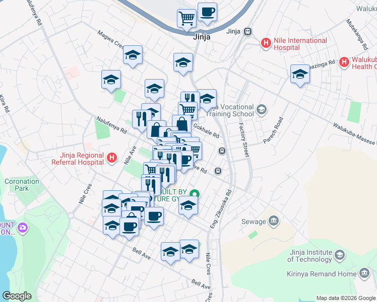 map of restaurants, bars, coffee shops, grocery stores, and more near Nizam Road in Jinja