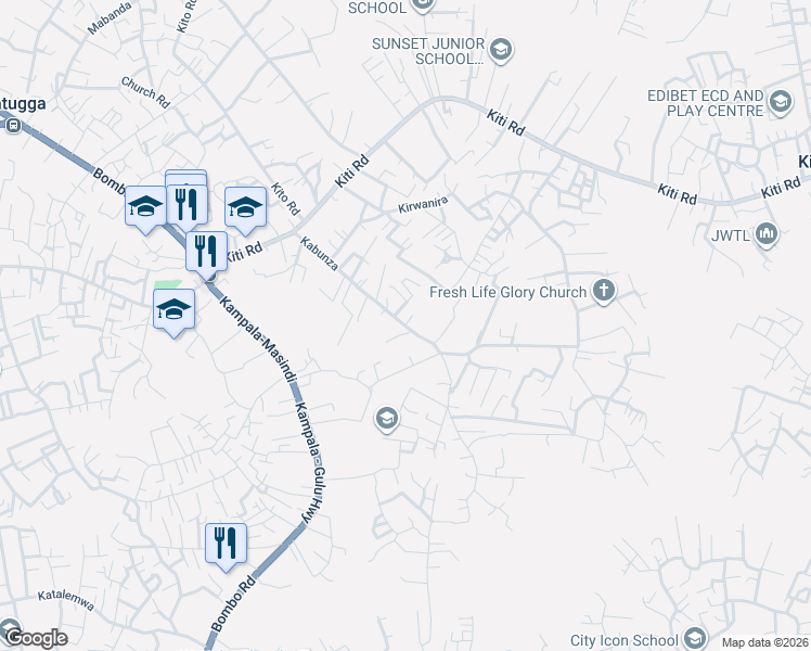 map of restaurants, bars, coffee shops, grocery stores, and more near Kabunza in Matugga