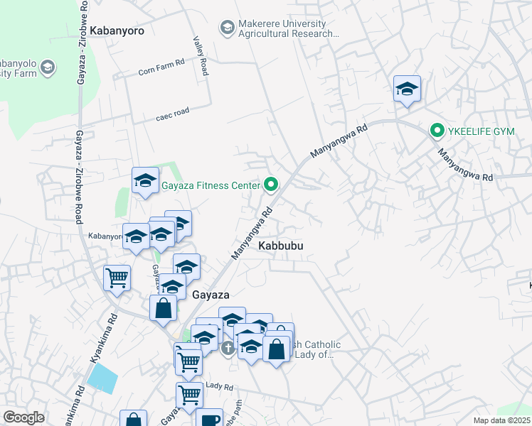 map of restaurants, bars, coffee shops, grocery stores, and more near Manyangwa Road in Kabbubu