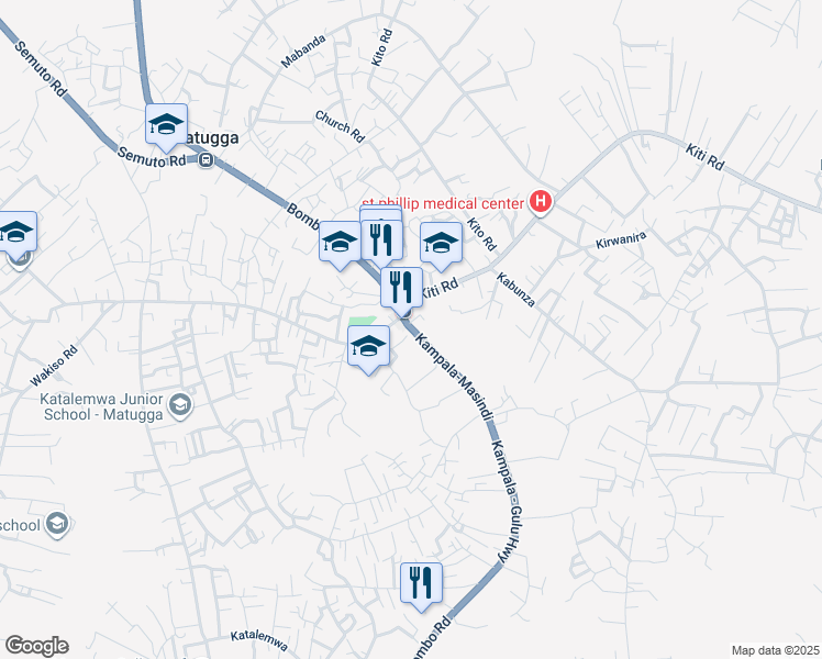 map of restaurants, bars, coffee shops, grocery stores, and more near Bombo Road in Matugga