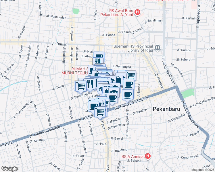map of restaurants, bars, coffee shops, grocery stores, and more near Jalan Dagang in Pekanbaru