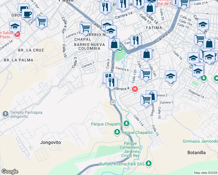 map of restaurants, bars, coffee shops, grocery stores, and more near 1132-11106 Carrera 4 in Pasto