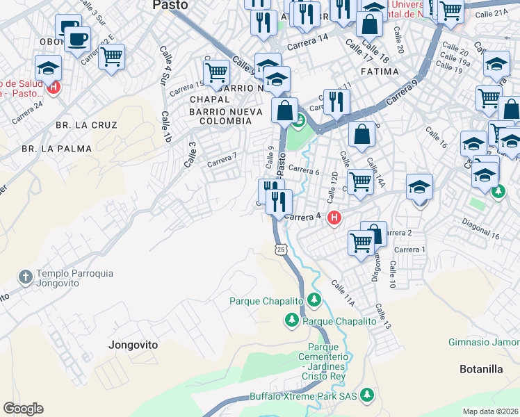 map of restaurants, bars, coffee shops, grocery stores, and more near 11106 Carrera 4 in Pasto
