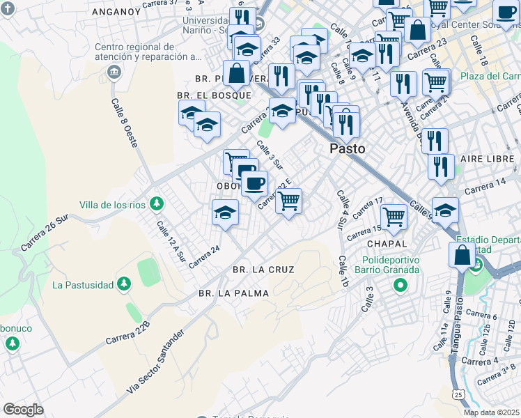 map of restaurants, bars, coffee shops, grocery stores, and more near # 7-5 Carrera 22 E in Pasto
