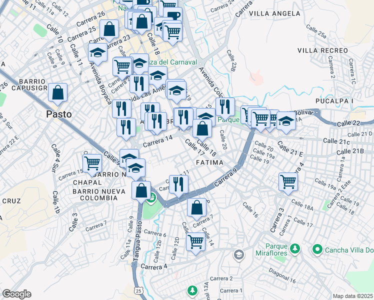 map of restaurants, bars, coffee shops, grocery stores, and more near # 13-44 Calle 16 in Pasto