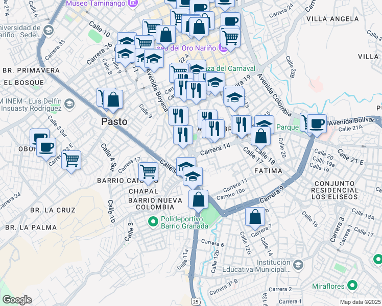 map of restaurants, bars, coffee shops, grocery stores, and more near 10100 Carrera 15 in Pasto